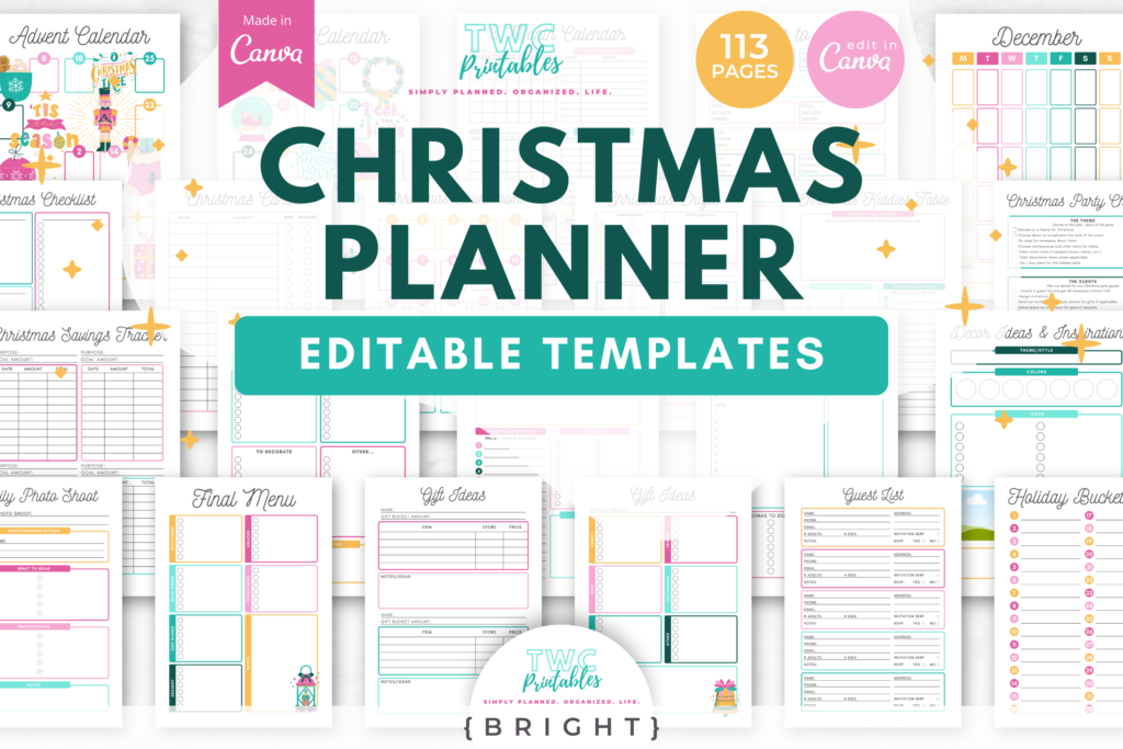 Christmas Planner Canva Templates | 113 Pages | Festive decor, Gift list, Holiday menu planning, Party invites, Tree decorations, //BRIGHT - TWCprintables