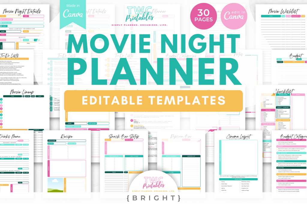 Movie Night Planner Templates for Canva - TWCprintables
