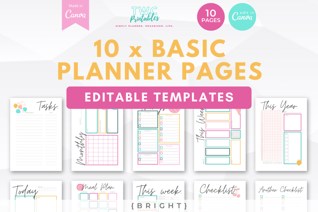 Canva Planner Templates | 10 Pages | Editable Planner Pages for Canva, Planner Inserts, Daily Weekly Monthly Planner, Tracker //BRIGHT - TWCprintables