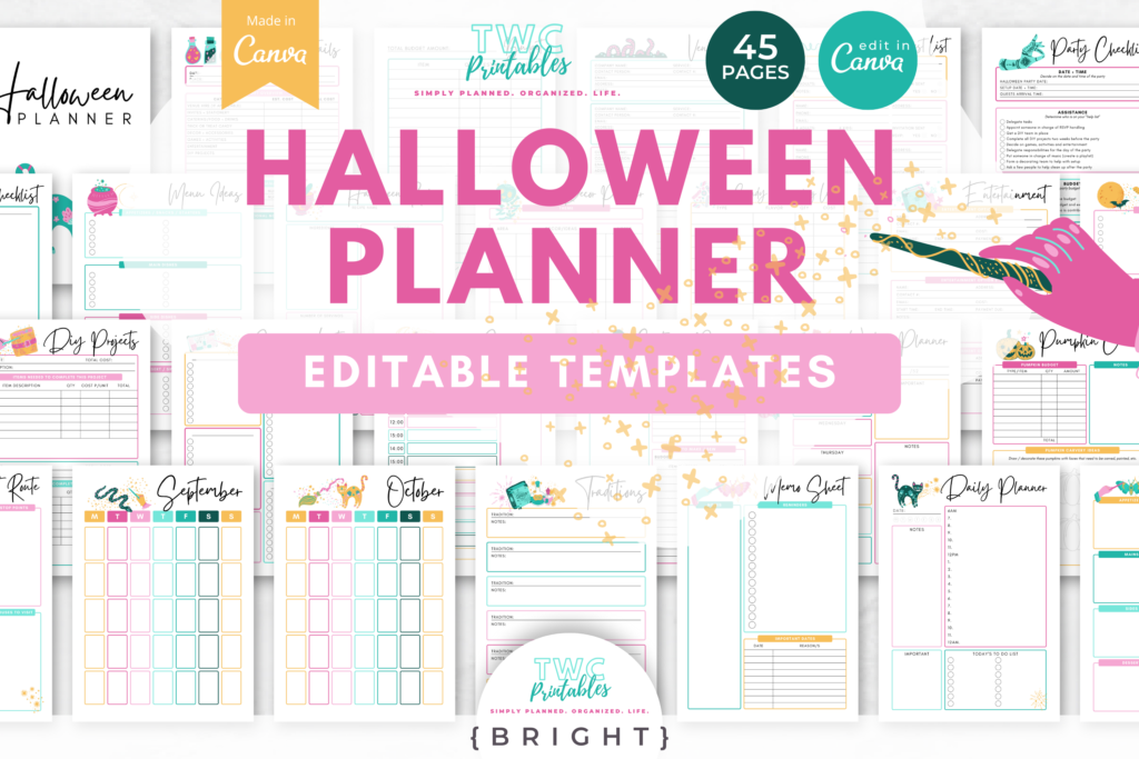 Halloween Planner Templates for Canva | 45 Pages | Spooky decor, Costume ideas, Party invitations, Pumpkin carving, Trick-or-treat //BRIGHT - TWCprintables