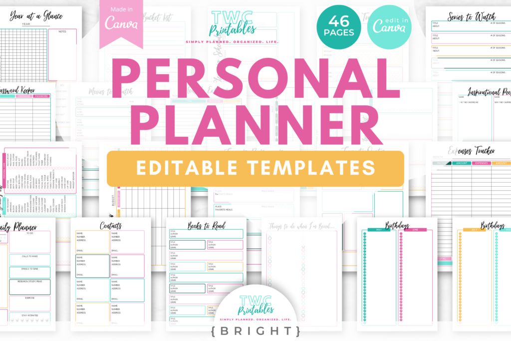 Personal Planner Canva Templates | 46 Pages | Daily planner, Weekly overview, Inspirational quotes, Reading list, TV series tracker//BRIGHT - TWCprintables