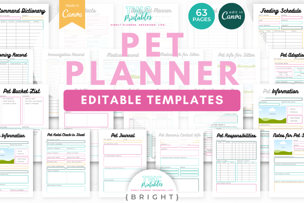 Pet Planner Canva Templates | 63 Pages | Pet journal, Activity log, Feeding schedule, Training log, Grooming plan, Care organizer //BRIGHT - TWCprintables