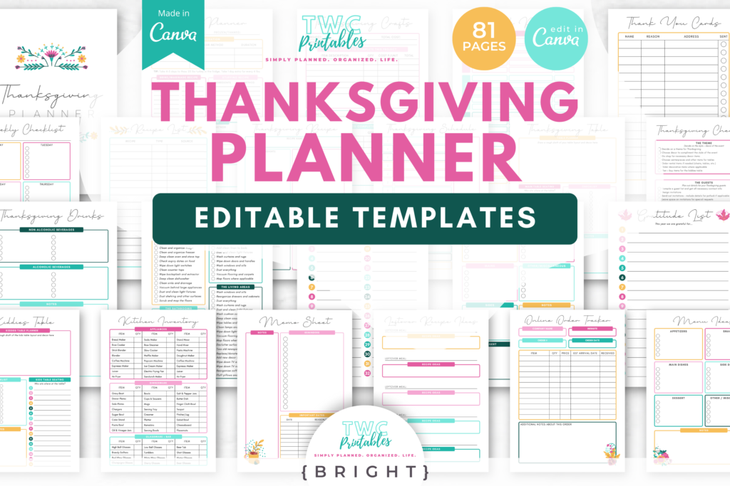 Thanksgiving Planner Templates for Canva | 81 Pages | Menu layout, Recipe cards, Grocery list, Cooking schedule, Table setting plan //BRIGHT Introducing our Thanksgiving Planner Canva Templates - your essential companion for hosting a memorable holiday gathering! Elevate your celebration with inspiring Decor Ideas and create a stunning Centerpiece that sets the perfect ambiance. Manage your Guest List and send out beautifully designed invites to your loved ones. Cultivate a spirit of gratitude with our Gratitude Journal and bond with family over fun-filled Family Games. Prepare a delicious feast with our Turkey Recipe sheet, ensuring a mouthwatering main course that delights everyone. Streamline your Thanksgiving preparations with our customizable Canva Templates and make this year's gathering one to remember! - TWCprintables