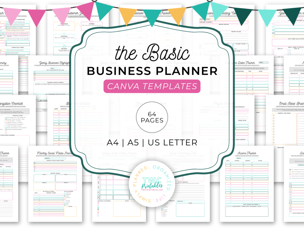 Basic Business Planner Canva Templates: 64 Pages Editable (A4, A5 & US Letter sizes) (Digital Download) //BRIGHT - TWCprintables