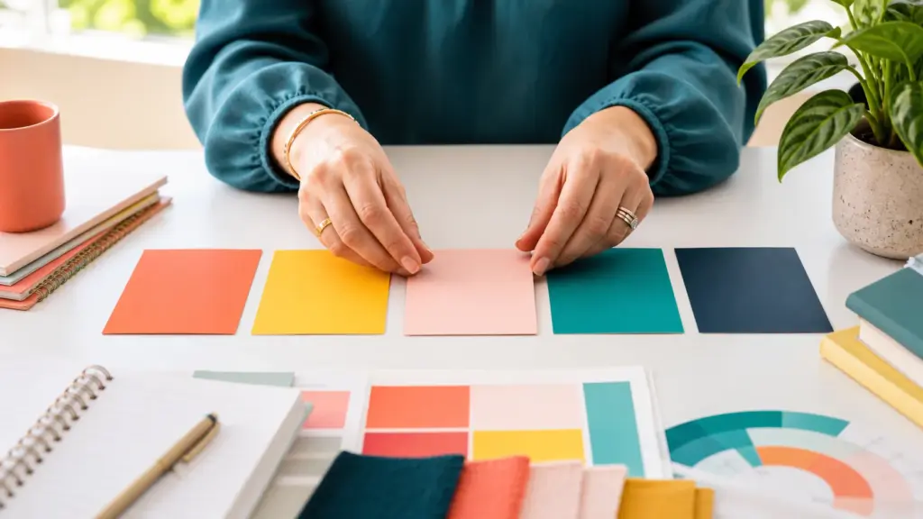 Hands arranging the key steps for how to use a habit tracker