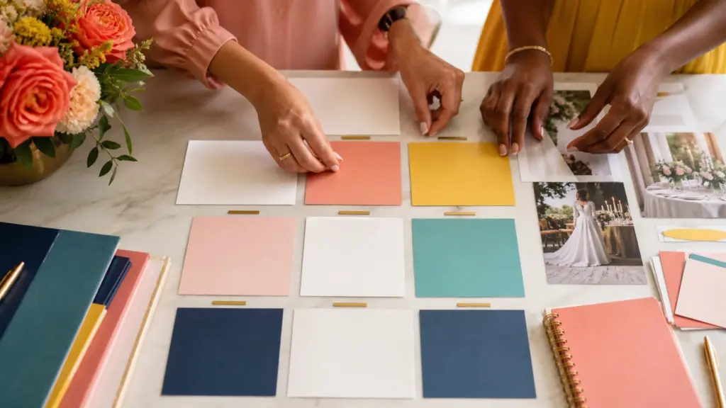 Hands arranging the key steps for wedding planning timeline