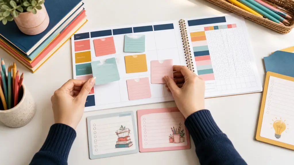 Hands arranging the key steps for what to include in a homeschool planner