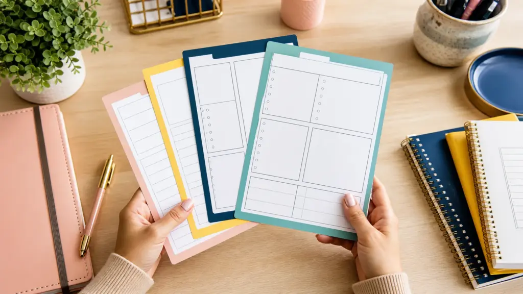 Hands arranging the key steps for teacher planner template
