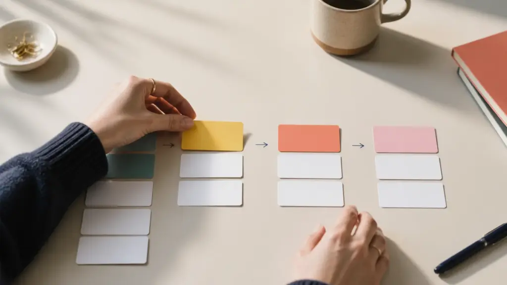 Hands arranging the key steps for how to use a planner with adhd