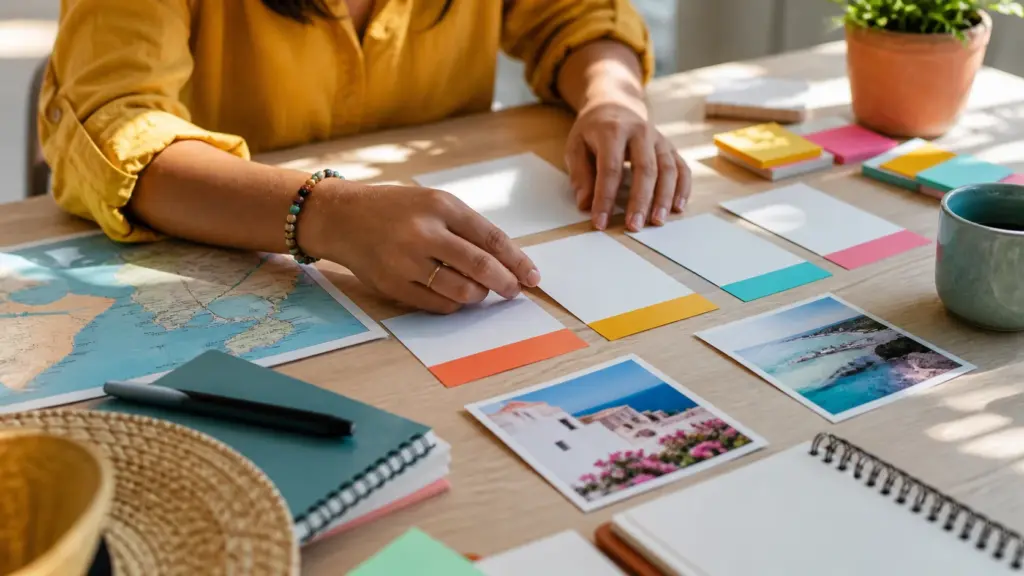 Hands arranging the key steps for travel planning checklist