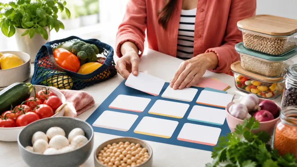 Hands arranging the key steps for how to meal plan