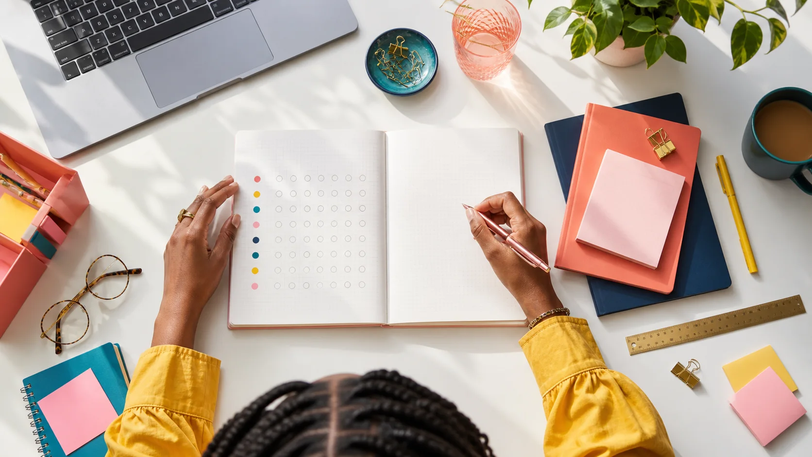 Overhead editorial concept introducing how to use a habit tracker