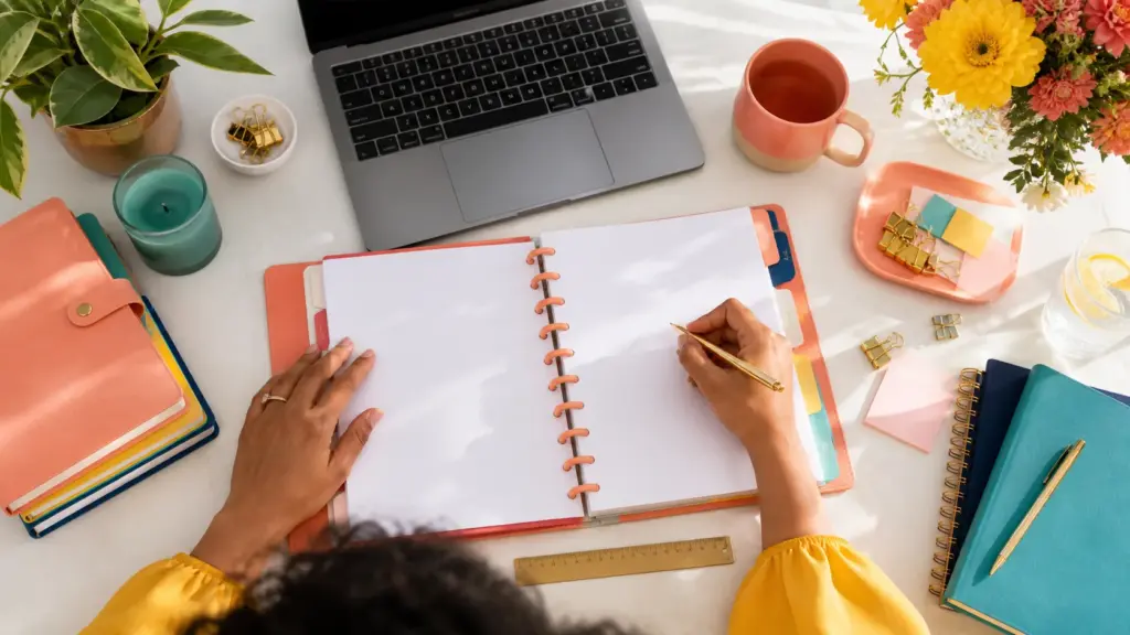 Overhead editorial concept introducing how to set up a life planner