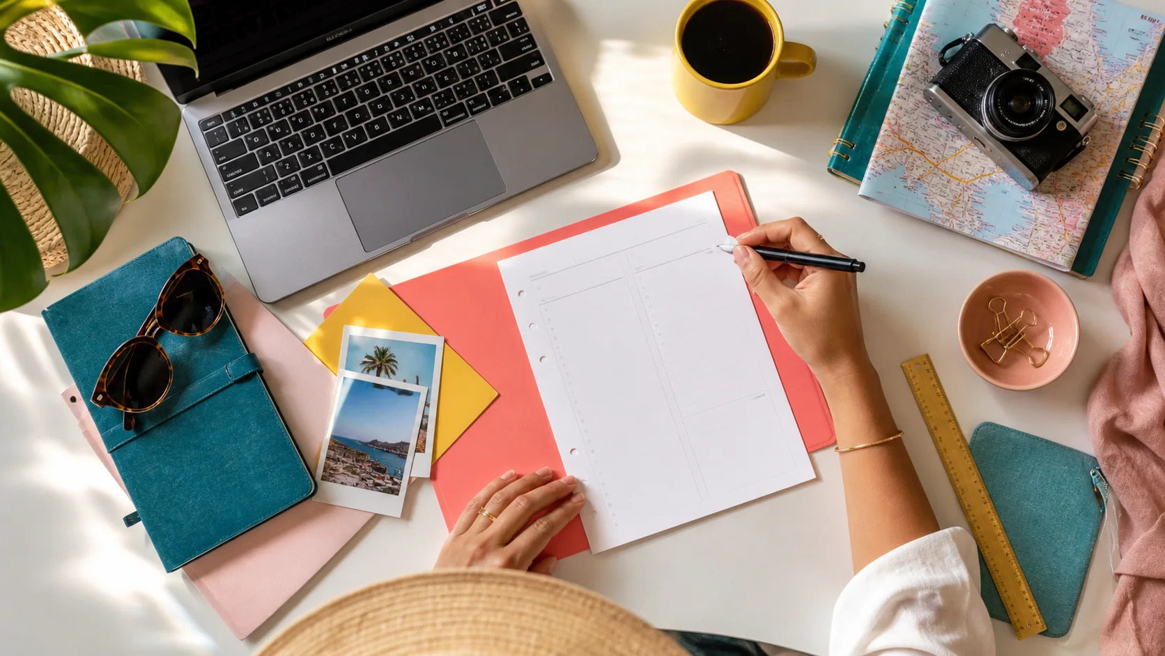 Overhead editorial concept introducing how to create a travel itinerary