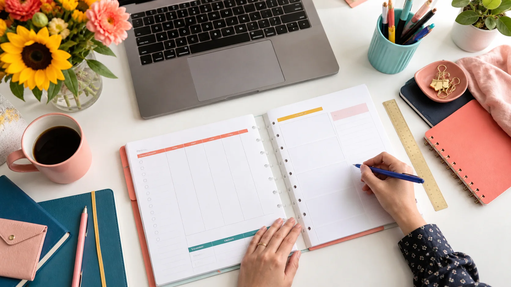 Overhead editorial concept introducing weekly planning system
