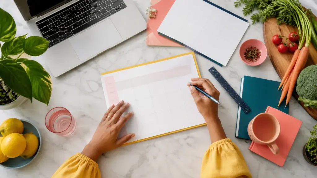 Overhead editorial concept introducing how to meal plan