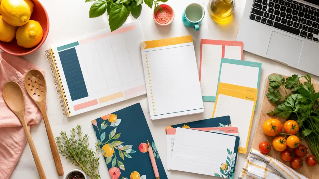 Overhead editorial concept introducing what to include in a meal planner