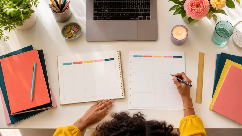Overhead editorial concept introducing weekly vs daily planner