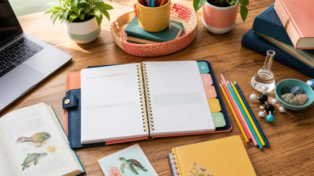 Overhead editorial concept introducing what to include in a homeschool planner