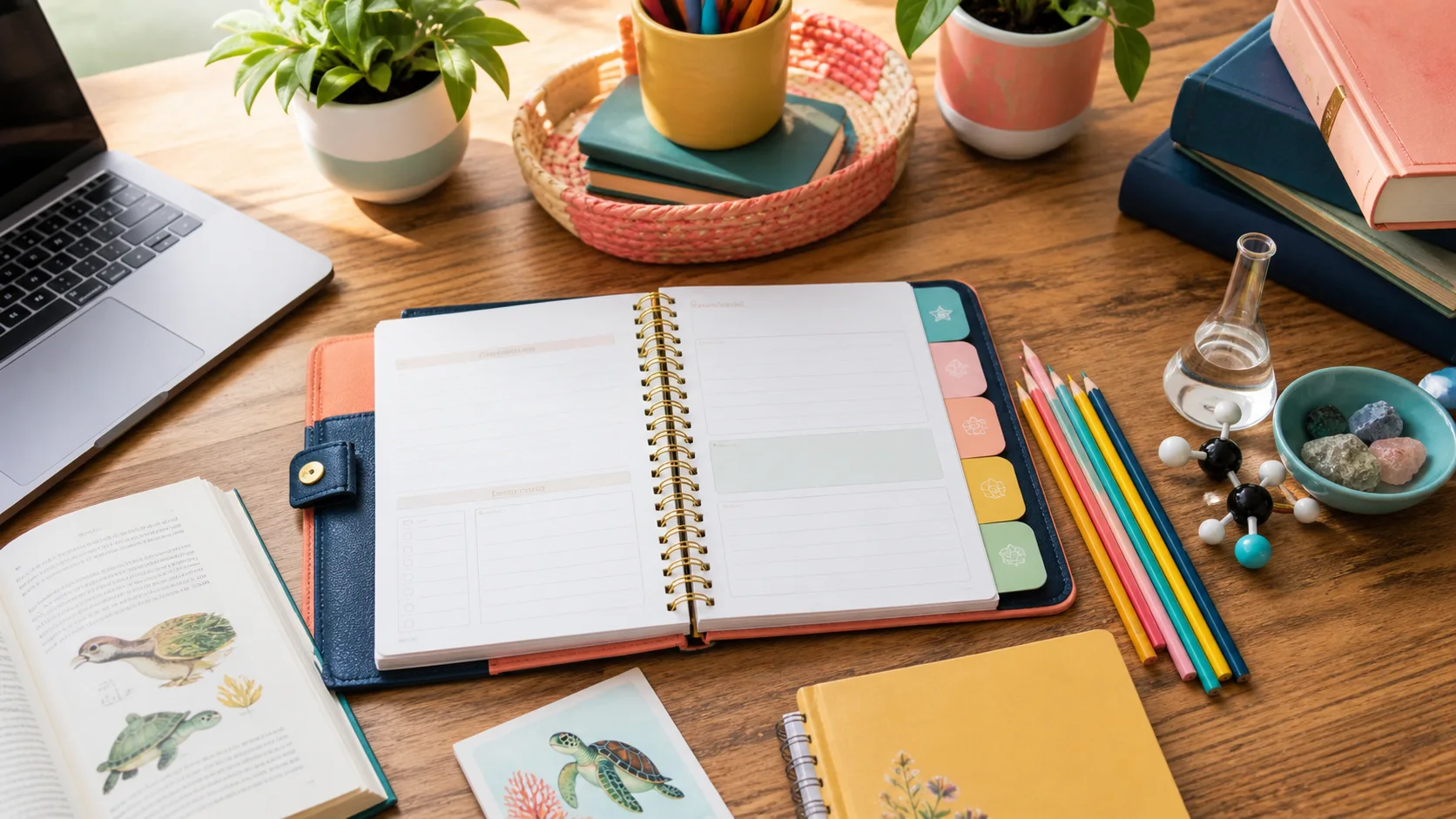 Overhead editorial concept introducing what to include in a homeschool planner