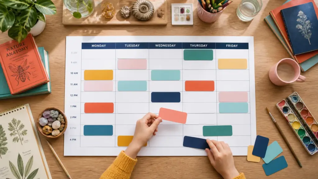 Overhead editorial concept introducing homeschool schedule template