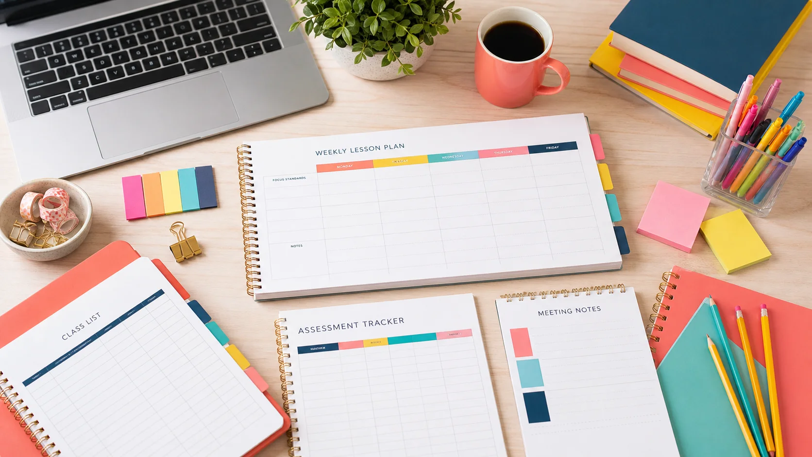Overhead editorial concept introducing teacher planner template