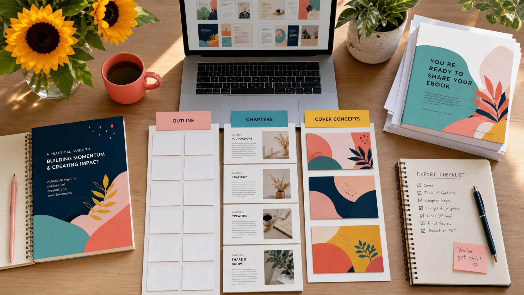 Overhead editorial concept introducing how to create an ebook in canva