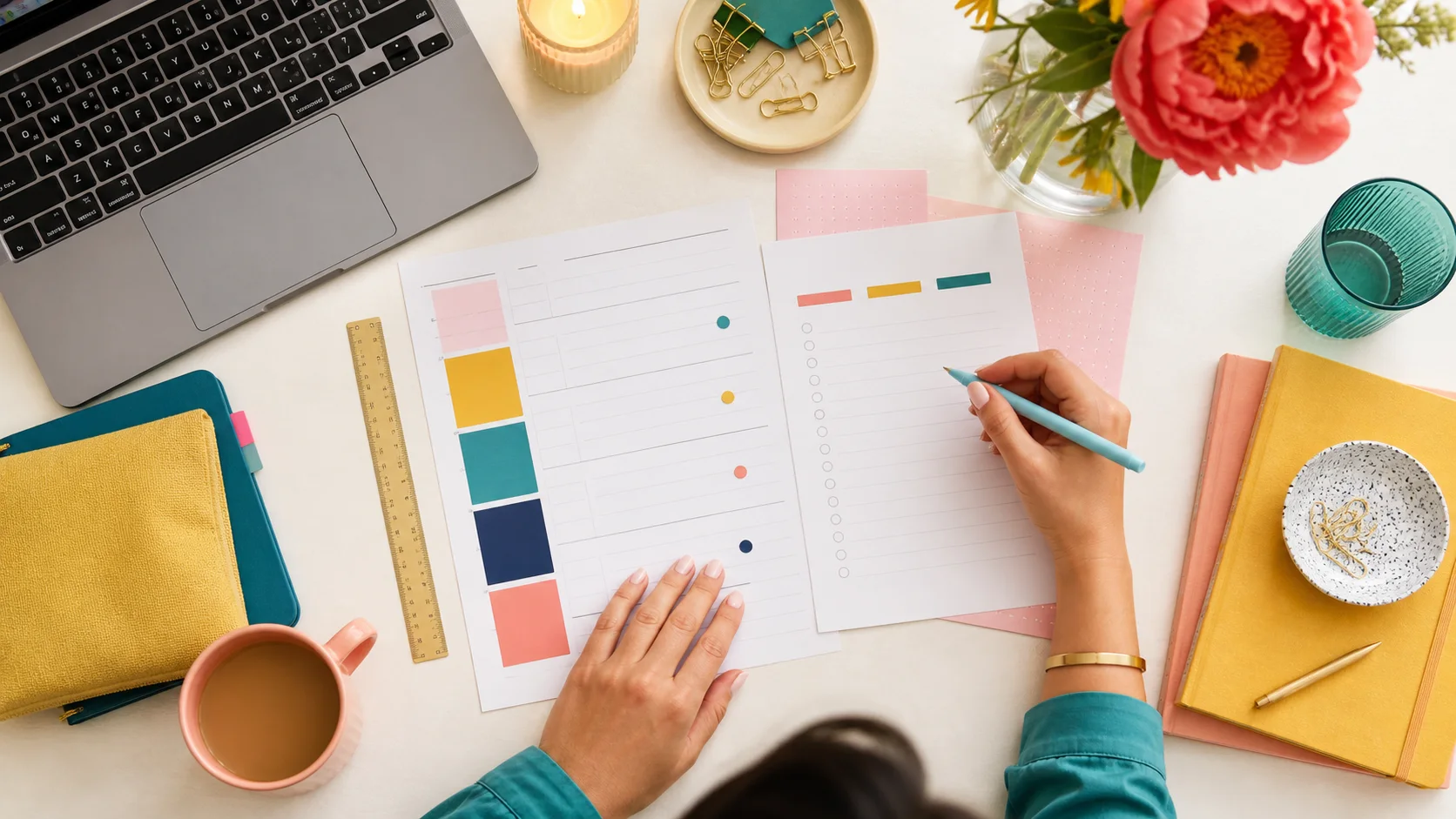 Overhead editorial concept introducing daily planning methods