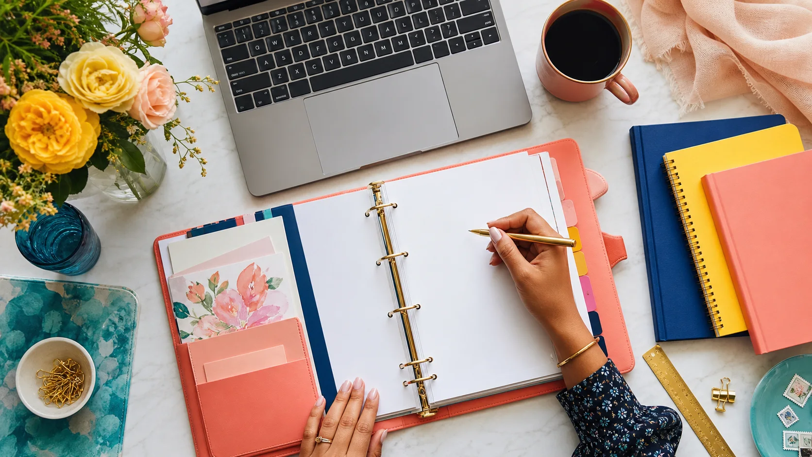 Overhead editorial concept introducing what to include in a wedding planner