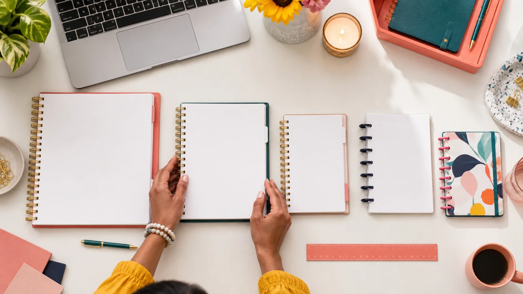 Overhead editorial concept introducing planner sizes guide